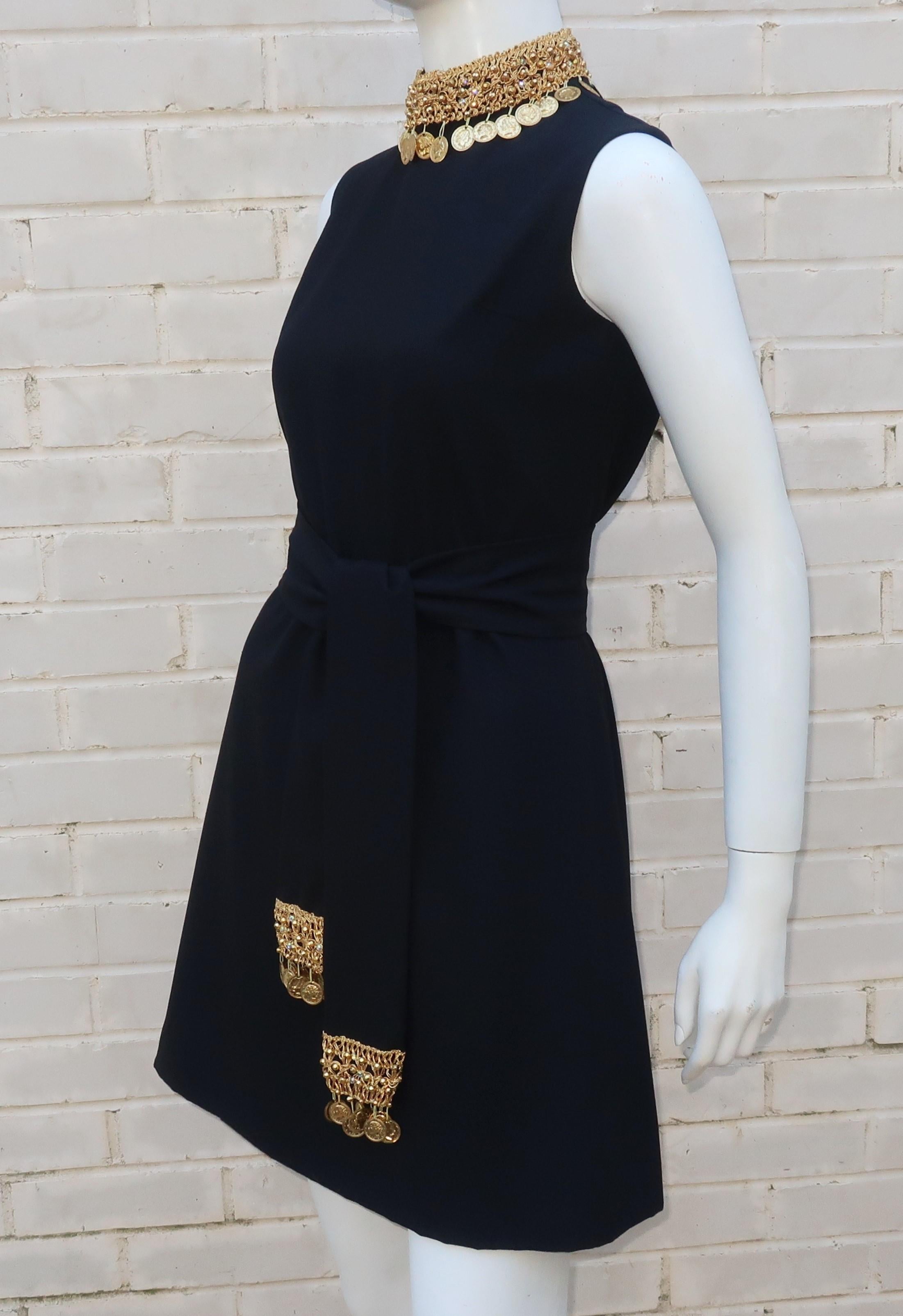 Black Crepe Mini Cocktail Dress With Gold Coins & Beading, 1960's 1