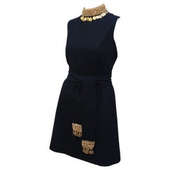 Black Crepe Mini Cocktail Dress With Gold Coins & Beading, 1960's