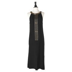 Black crêpe rayon evening dress with gold glass beads embroideries 