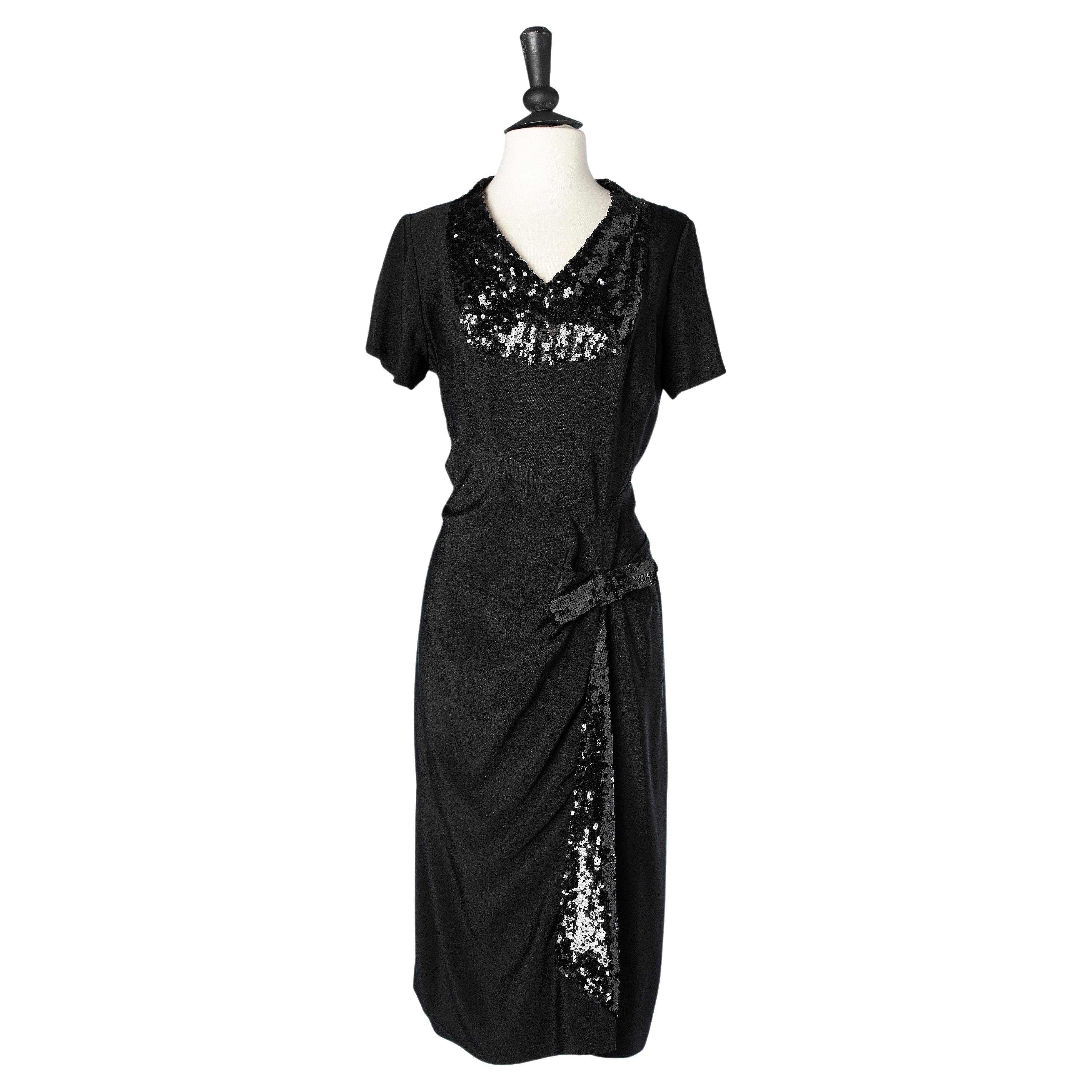 Black crêpe wrap and drape cocktail dress with black sequin Circa 1940's  For Sale