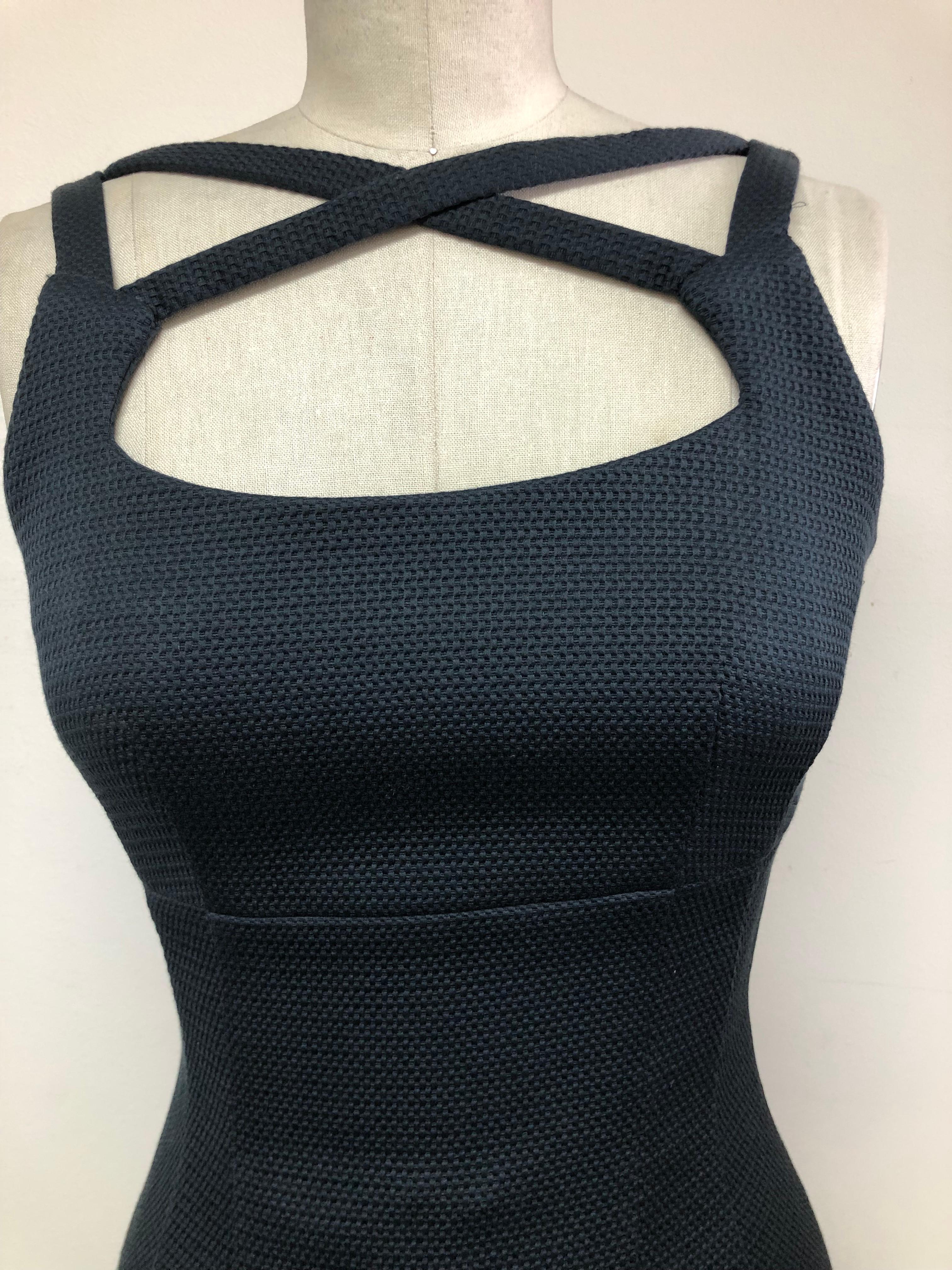 Black Cris Cross Swiss Cotton Stretch Pique Slim Dress In Excellent Condition For Sale In Los Angeles, CA