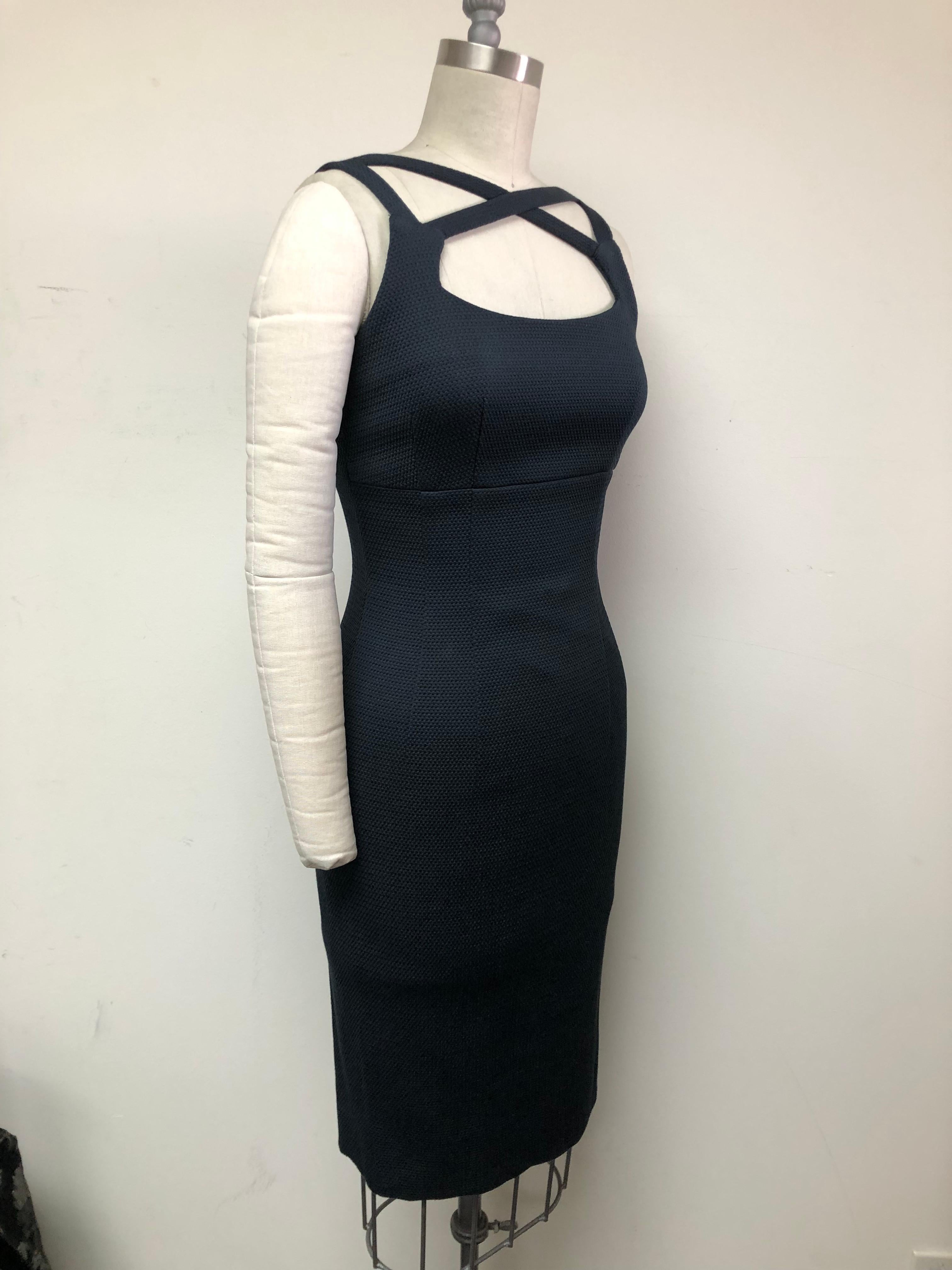 Black Cris Cross Swiss Cotton Stretch Pique Slim Dress For Sale 1