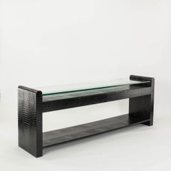 Black Crocodile Embossed Leather Glass Console