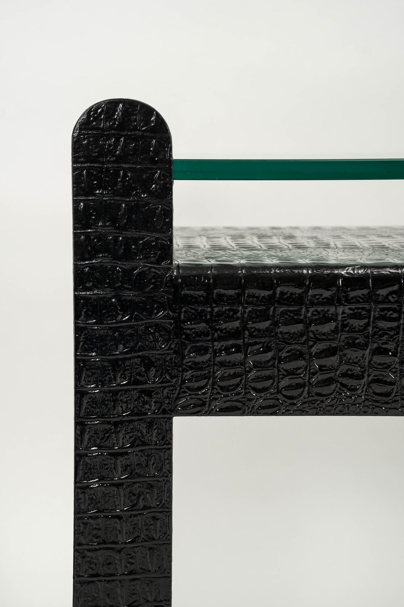 Black Crocodile Embossed Leather Glass Console For Sale 1