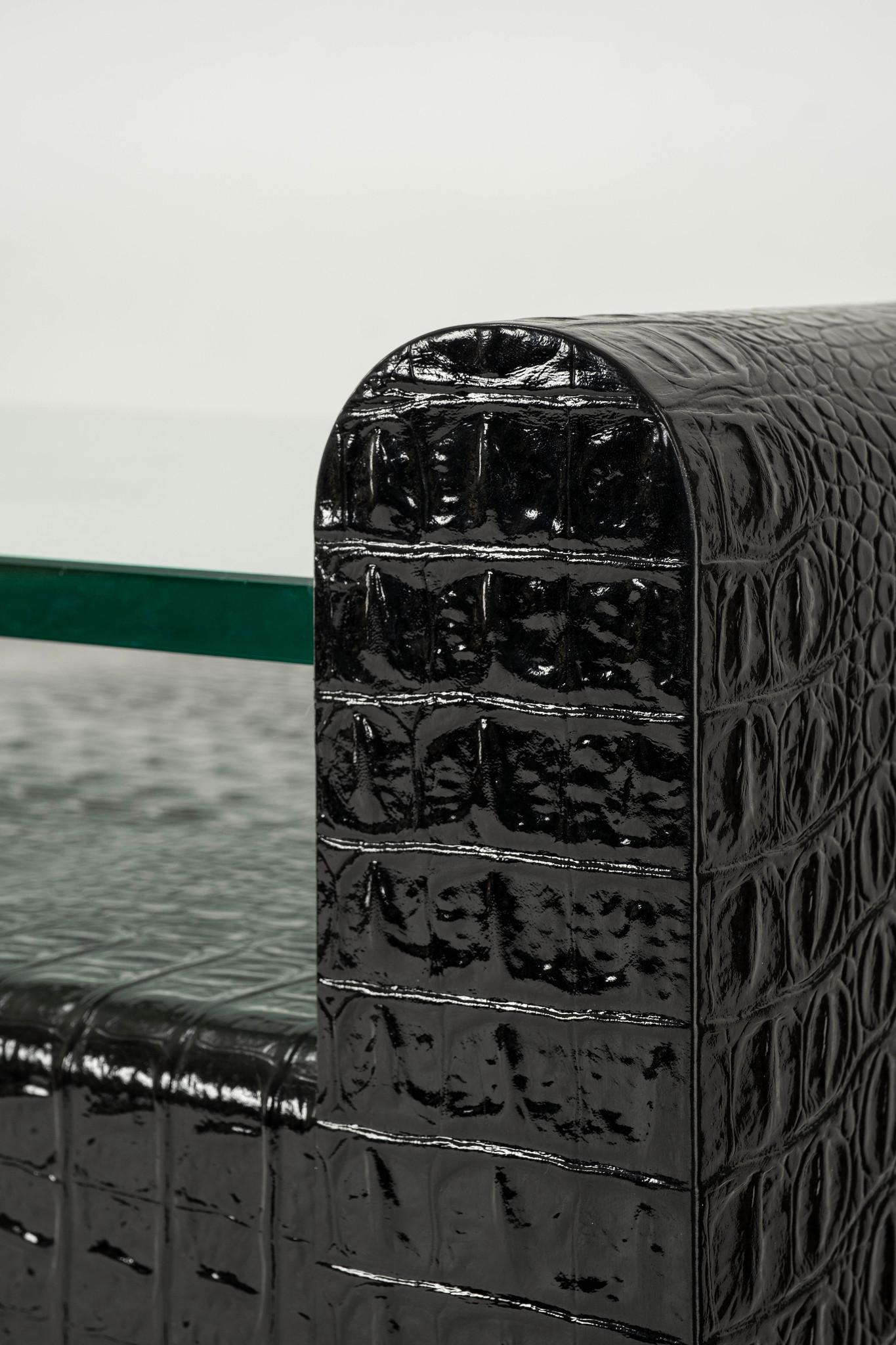 Black Crocodile Embossed Leather Glass Console For Sale 2
