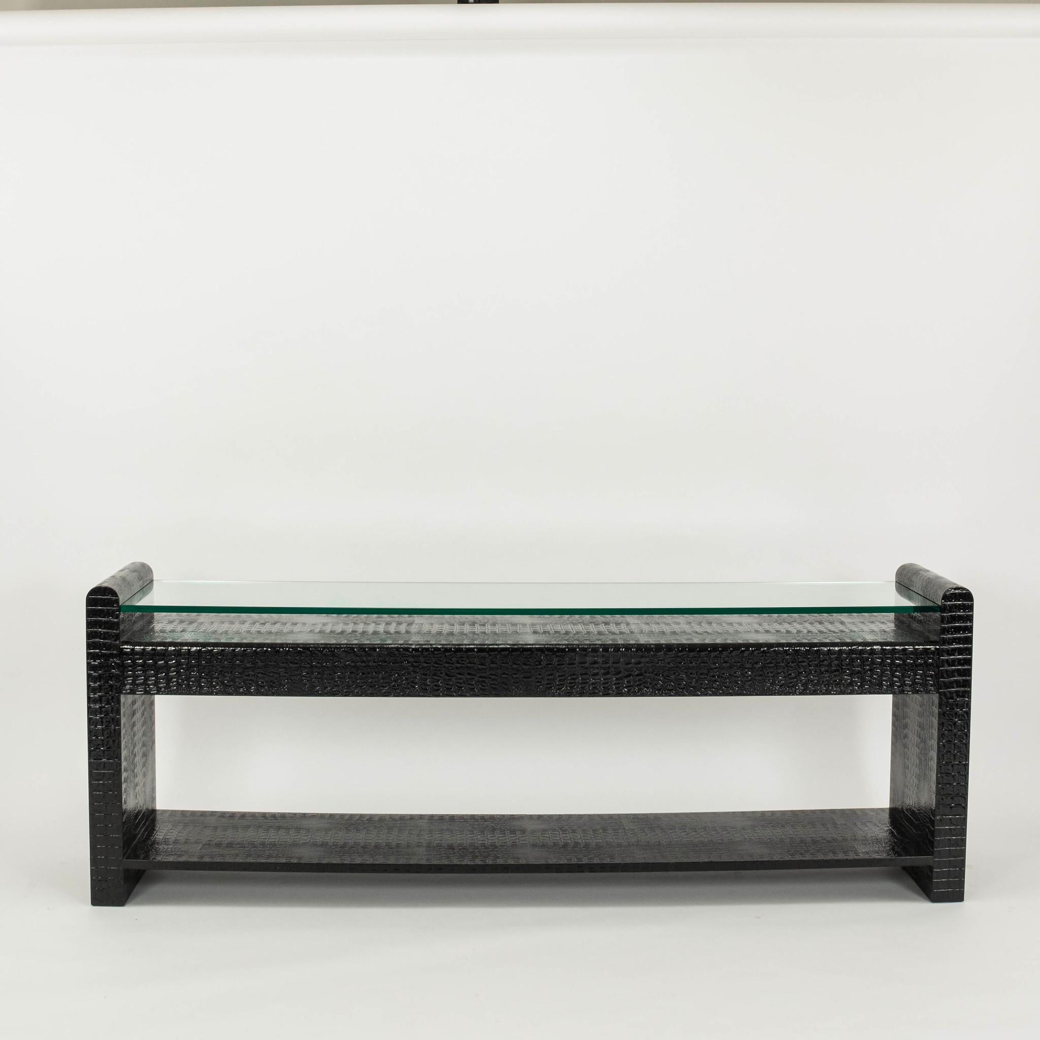 Black Crocodile Embossed Leather Glass Console For Sale 3