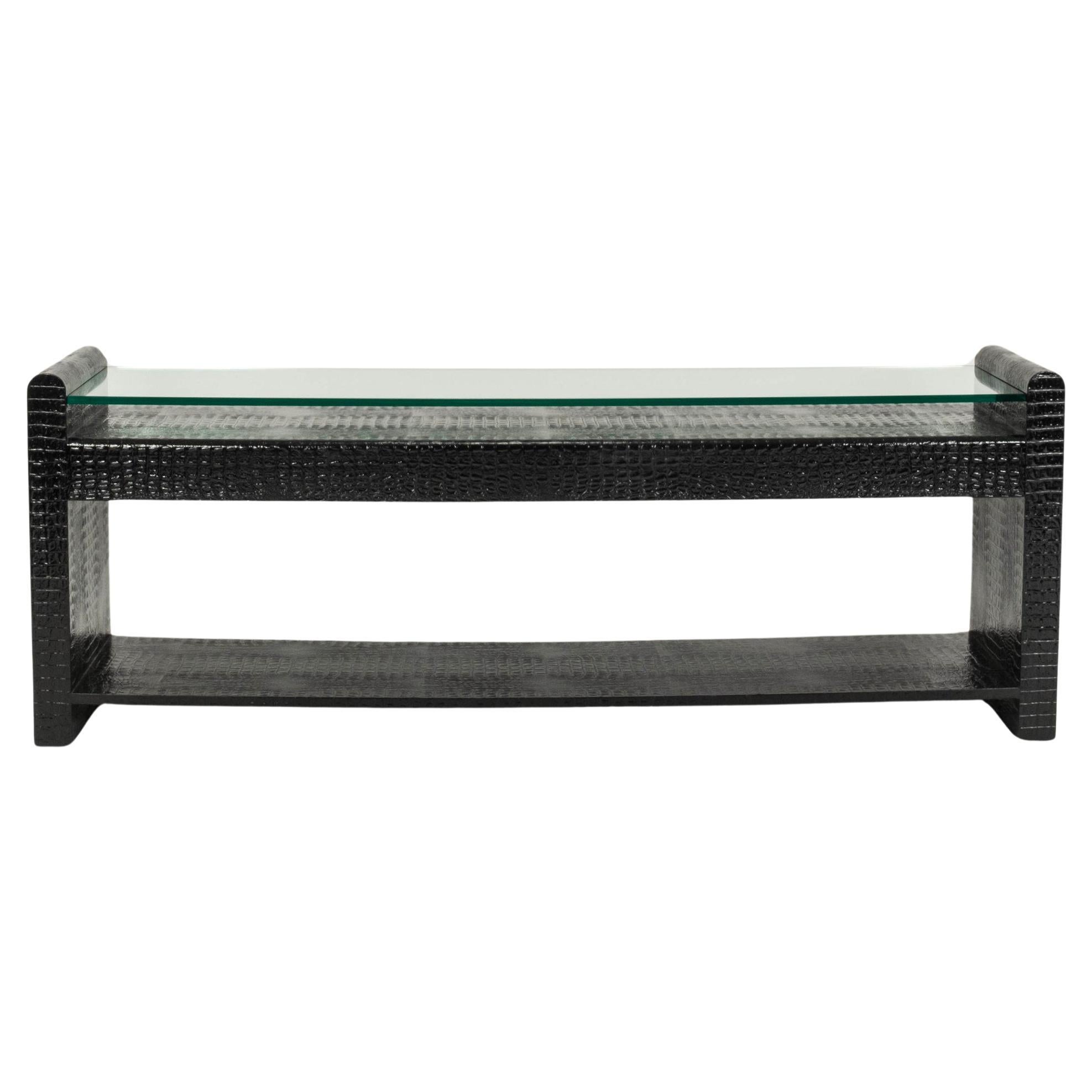 Black Crocodile Embossed Leather Glass Console For Sale