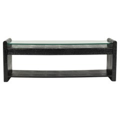 Used Black Crocodile Embossed Leather Glass Console