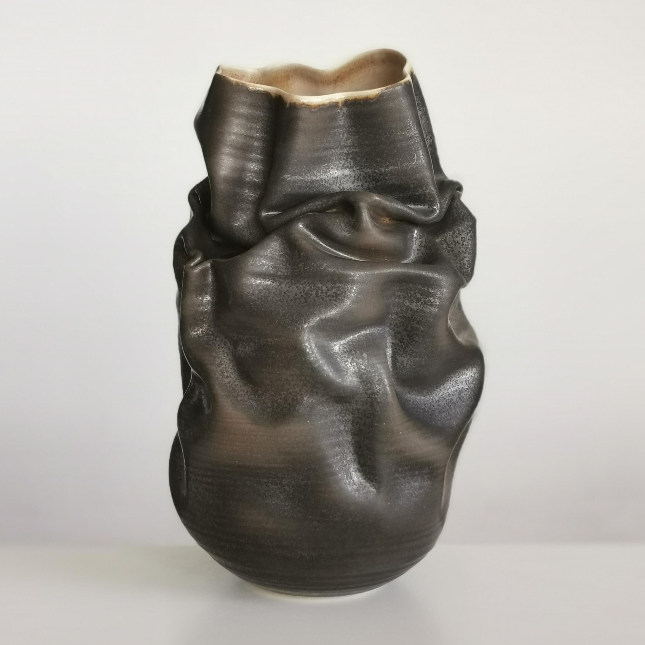Organic Modern Black Crumpled Form No 10, Ceramic Vessel by Nicholas Arroyave-Portela For Sale