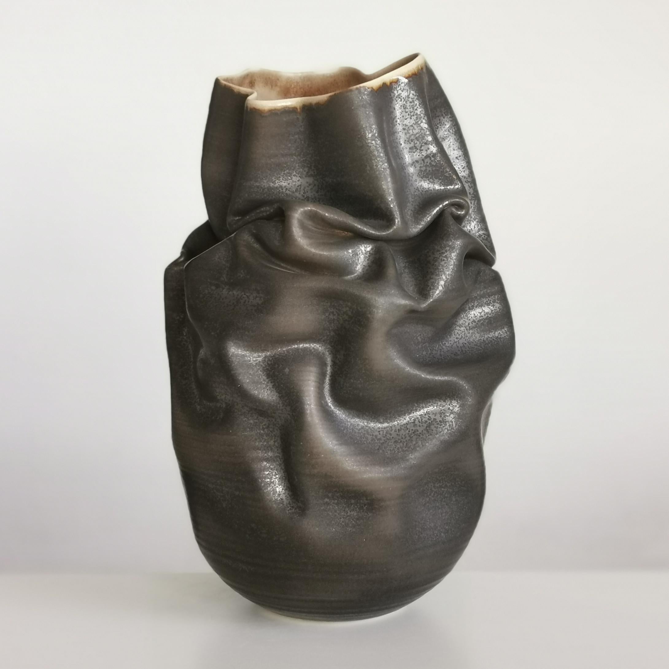 Spanish Black Crumpled Form No 10, Ceramic Vessel by Nicholas Arroyave-Portela For Sale