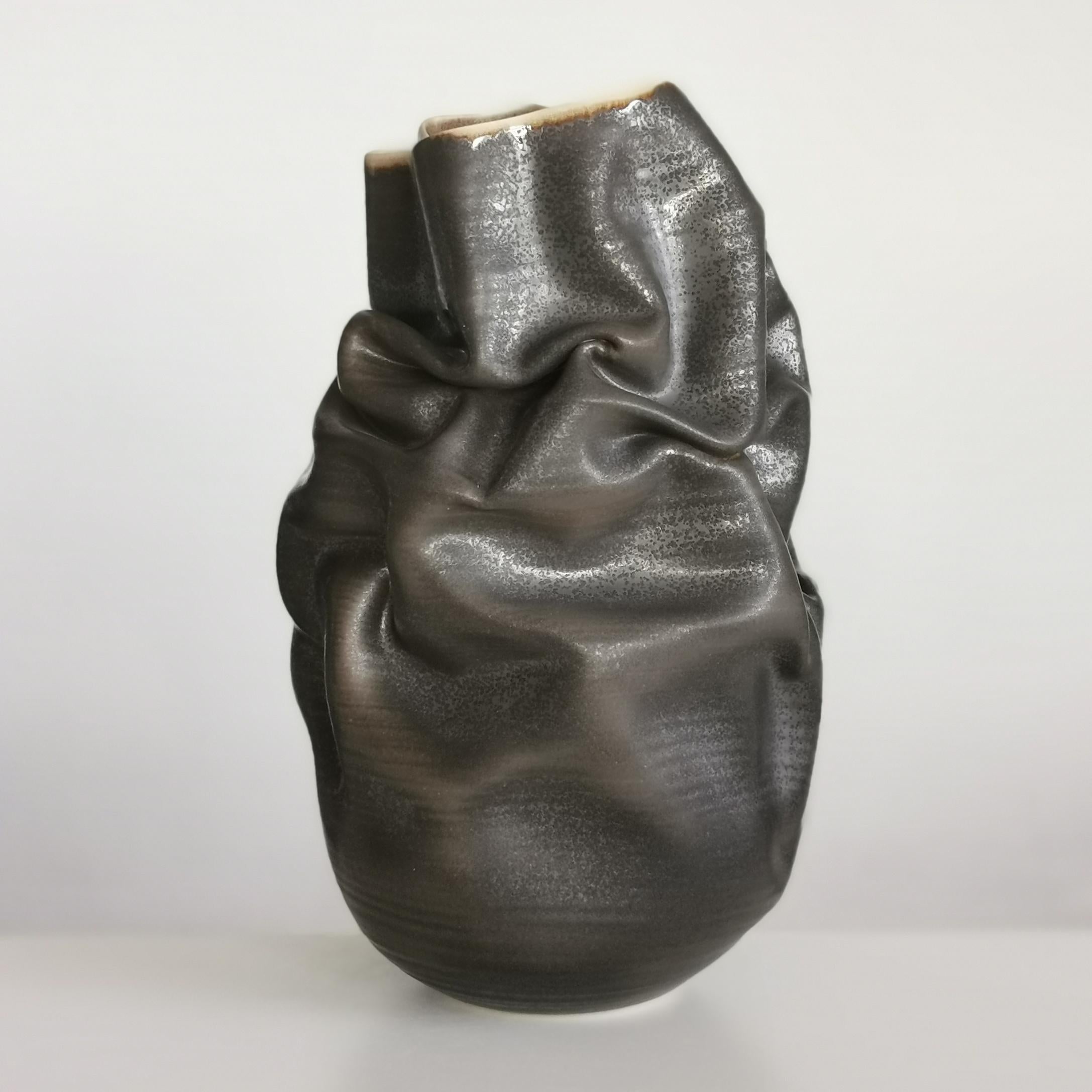 Hand-Crafted Black Crumpled Form No 10, Ceramic Vessel by Nicholas Arroyave-Portela For Sale