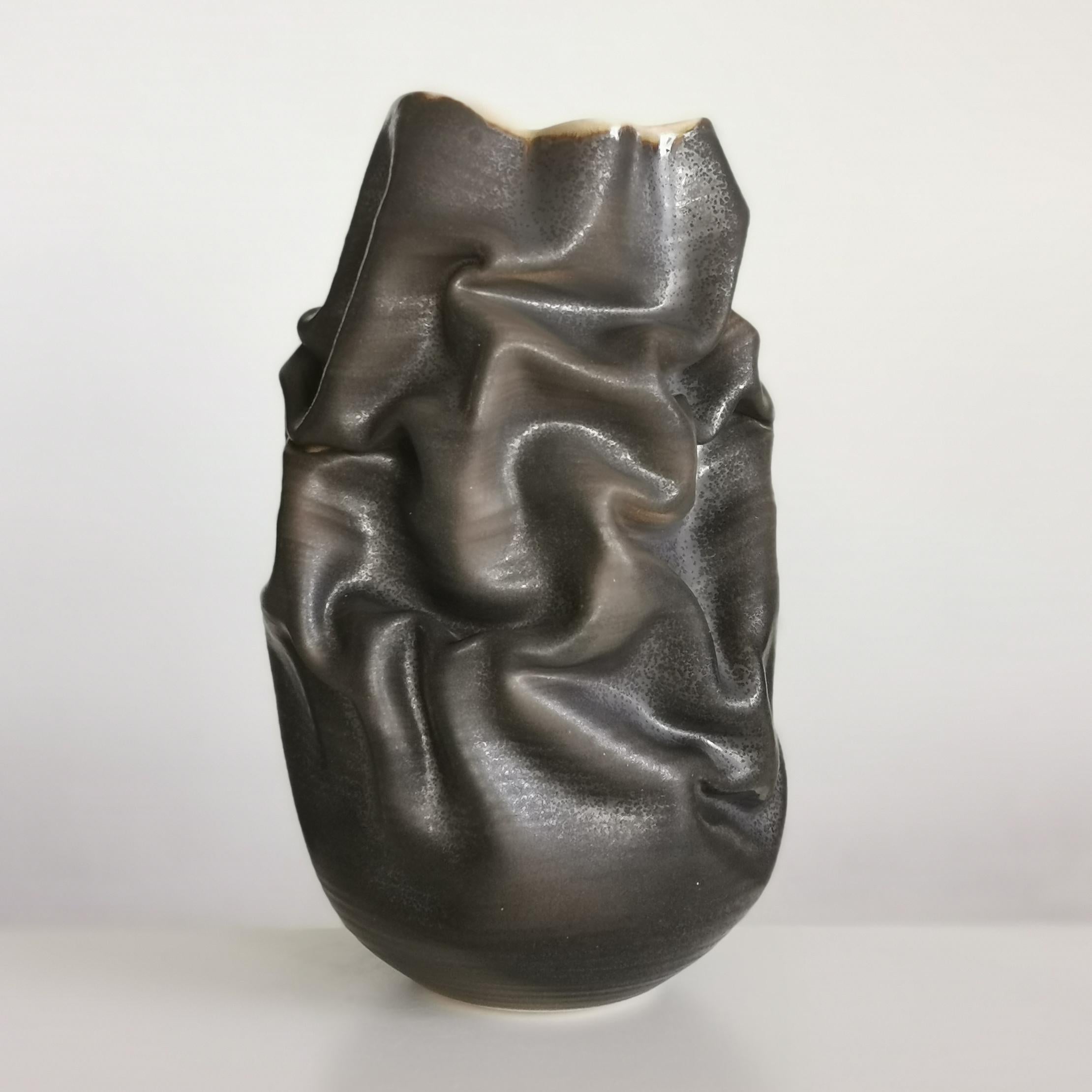 Contemporary Black Crumpled Form No 10, Ceramic Vessel by Nicholas Arroyave-Portela For Sale