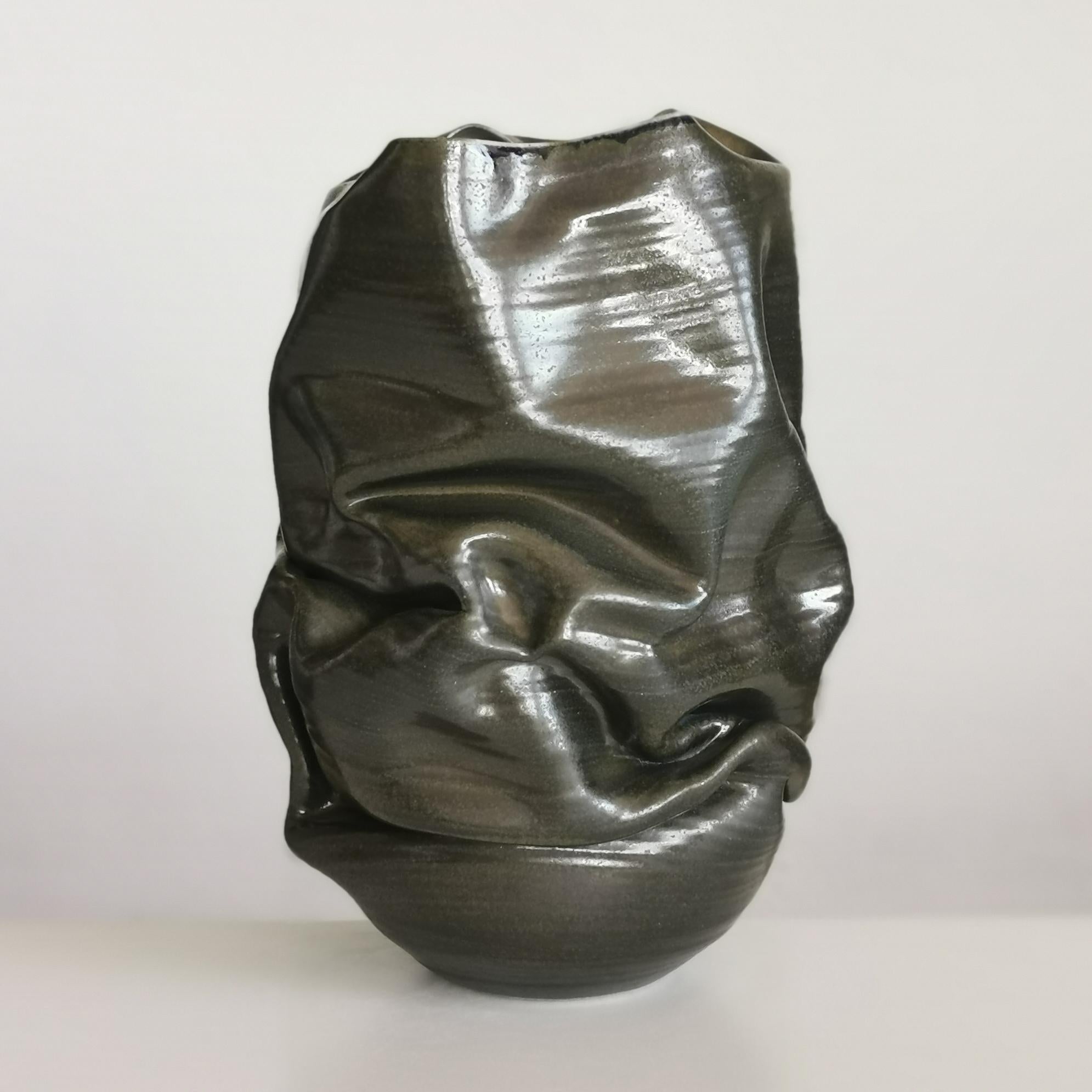 Organic Modern Black Crumpled Form No 18, Ceramic Vessel by Nicholas Arroyave-Portela