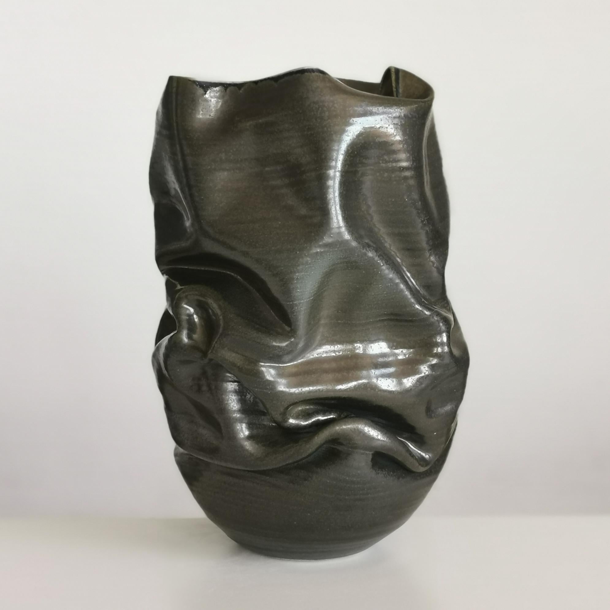 Spanish Black Crumpled Form No 18, Ceramic Vessel by Nicholas Arroyave-Portela