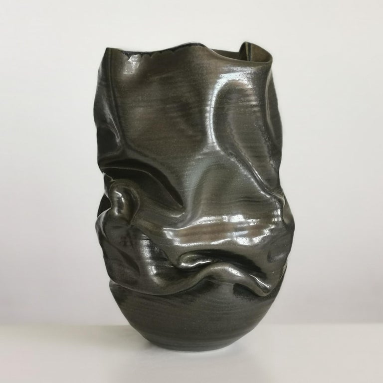 Spanish Black Crumpled Form No 18, Ceramic Vessel by Nicholas Arroyave-Portela For Sale