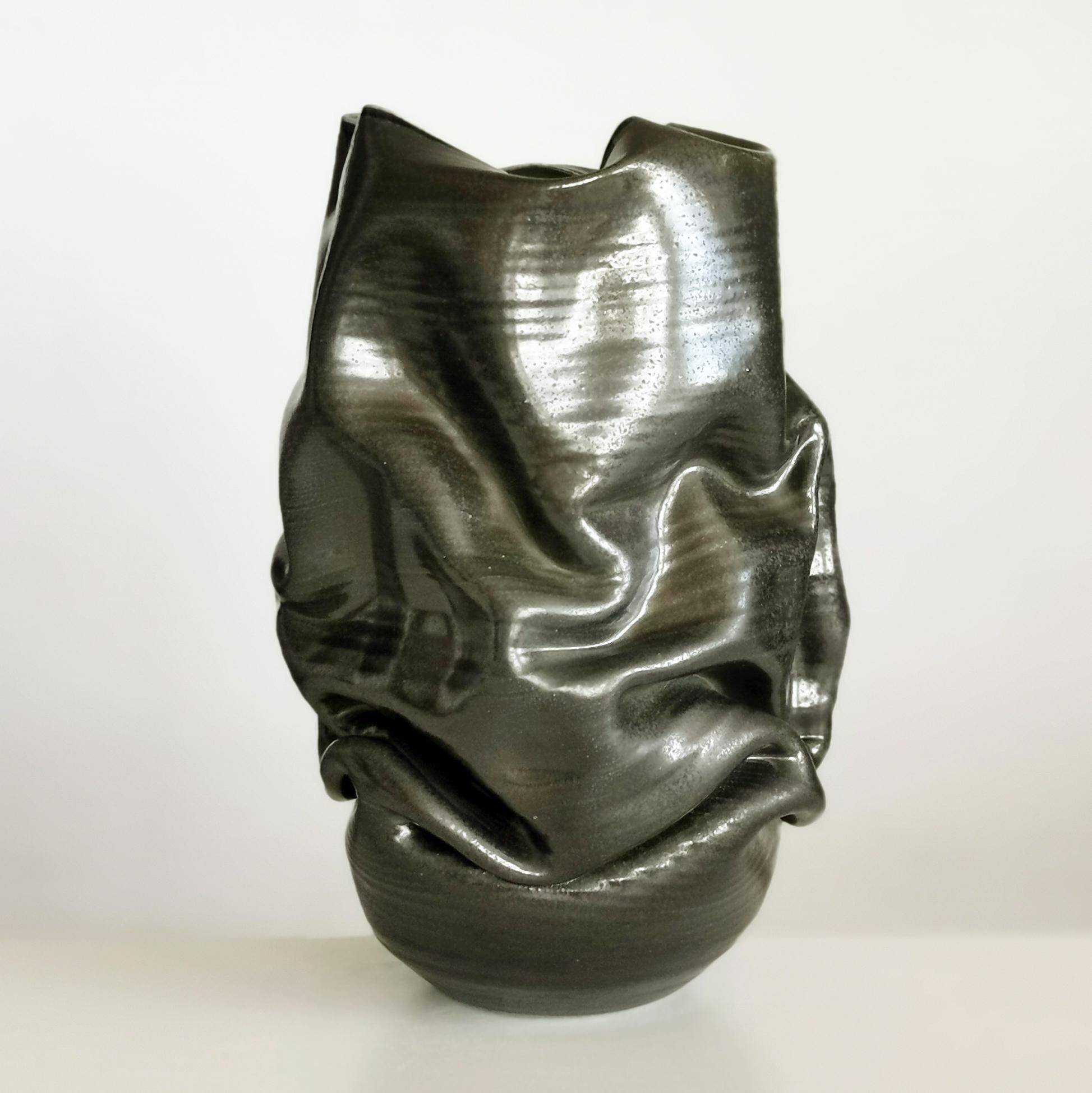 Hand-Crafted Black Crumpled Form No 18, Ceramic Vessel by Nicholas Arroyave-Portela