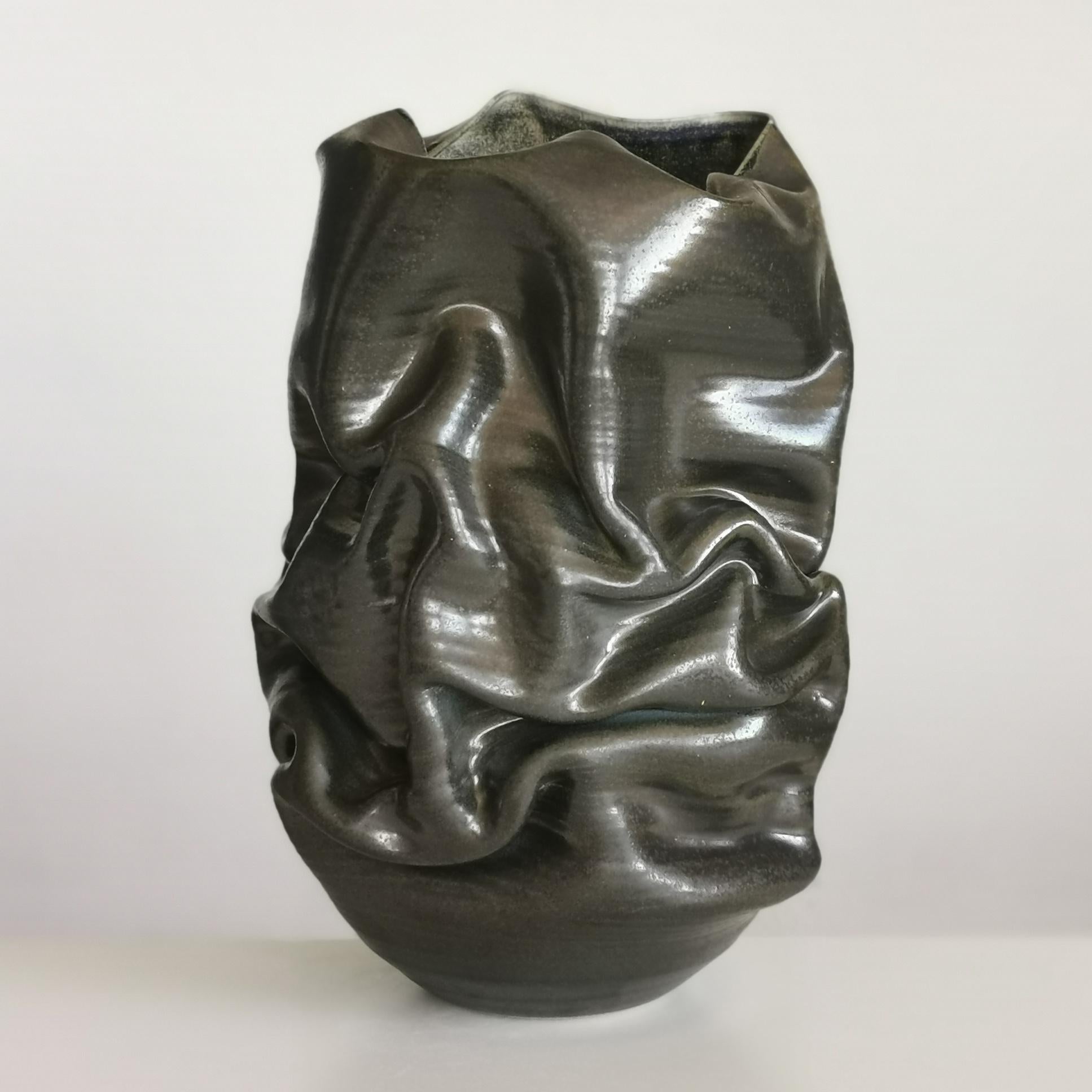 Contemporary Black Crumpled Form No 18, Ceramic Vessel by Nicholas Arroyave-Portela