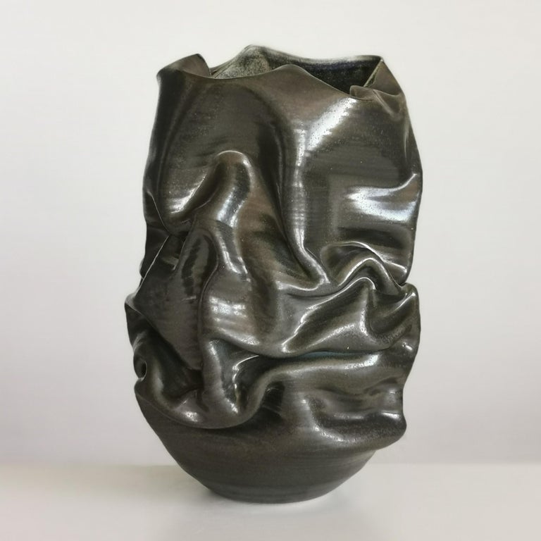 Contemporary Black Crumpled Form No 18, Ceramic Vessel by Nicholas Arroyave-Portela For Sale