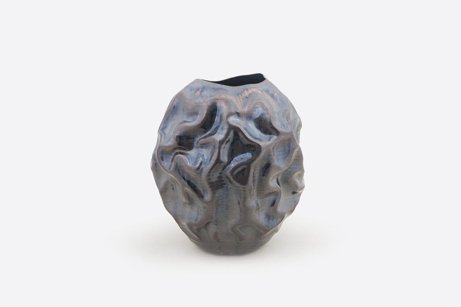 Organic Modern Black Crumpled Vessel Vase, Interior Sculpture or Vessel, Objet D'art