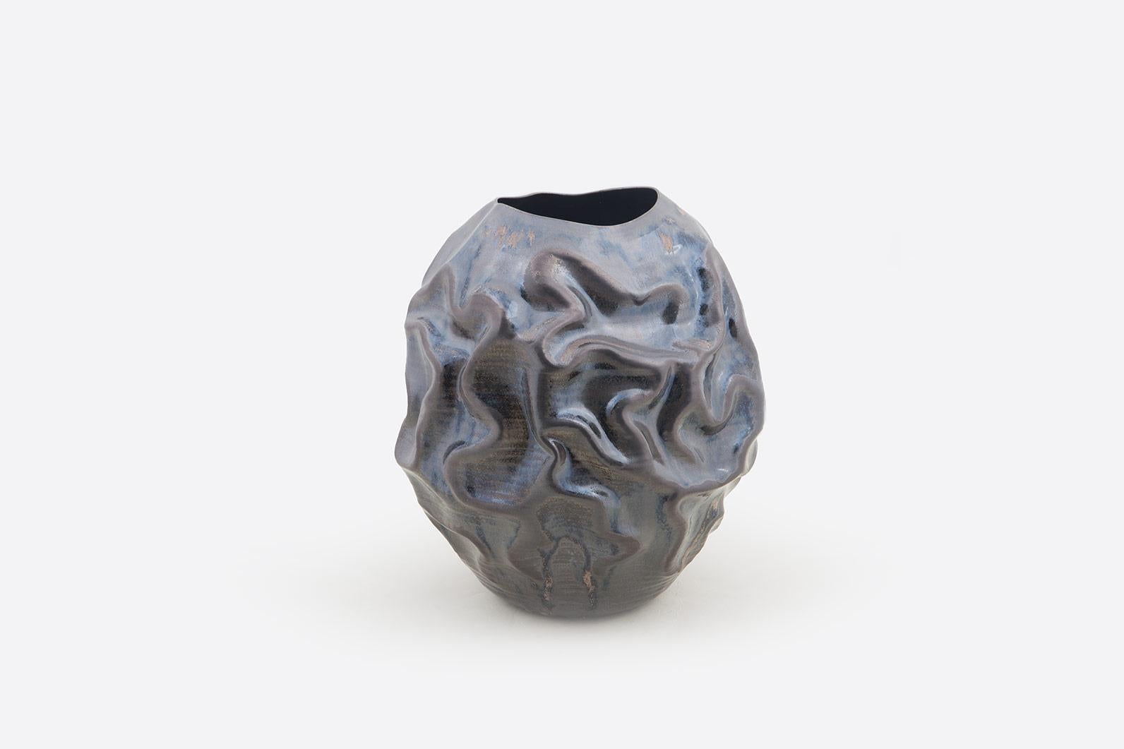 Black Crumpled Vessel Vase, Interior Sculpture or Vessel, Objet D'art In New Condition In London, GB