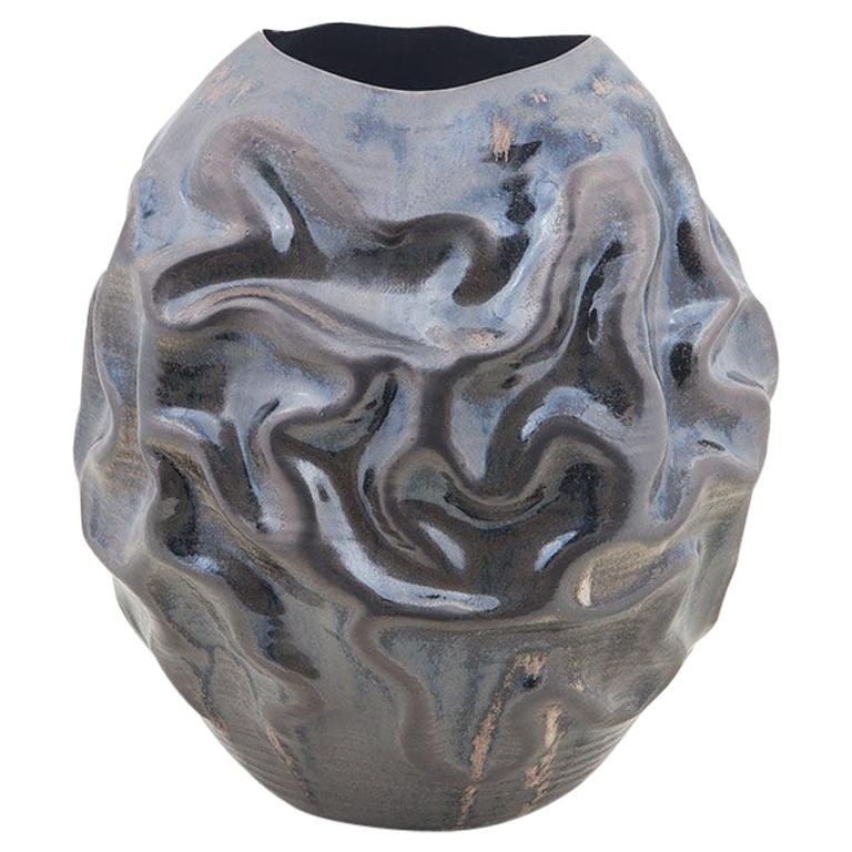 Black Crumpled Vessel Vase, Interior Sculpture or Vessel