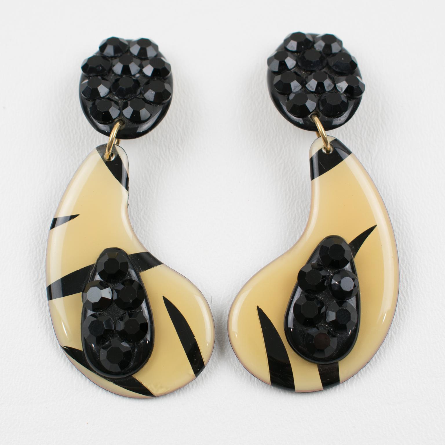 Modern Black Crystal and Cream, Black Lucite Dangle Clip Earrings For Sale