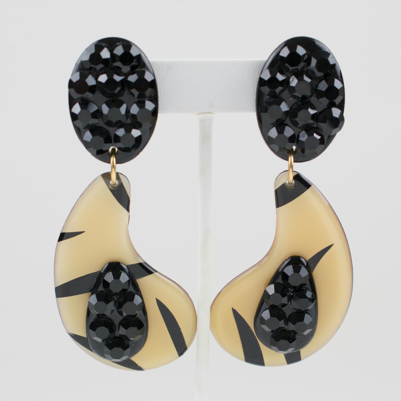 Black Crystal and Cream, Black Lucite Dangle Clip Earrings For Sale 1