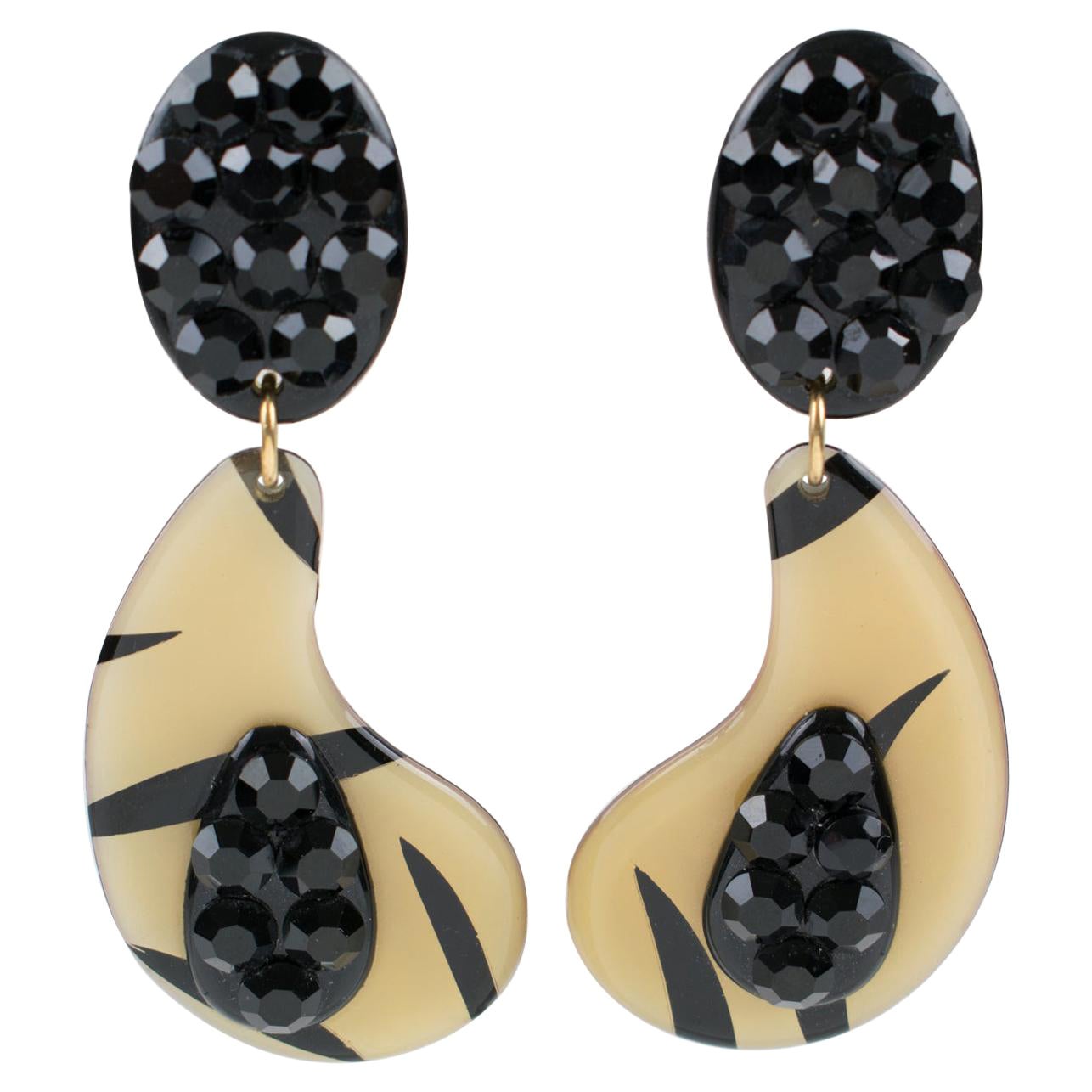 Black Crystal and Cream, Black Lucite Dangle Clip Earrings For Sale