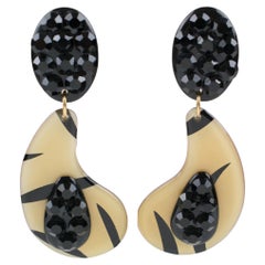 Black Crystal and Cream-Black Lucite Dangle Clip Earrings