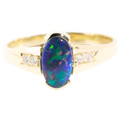 Black Crystal Australian Opal and Diamond Vintage Ring in 14 Carat Yellow Gold