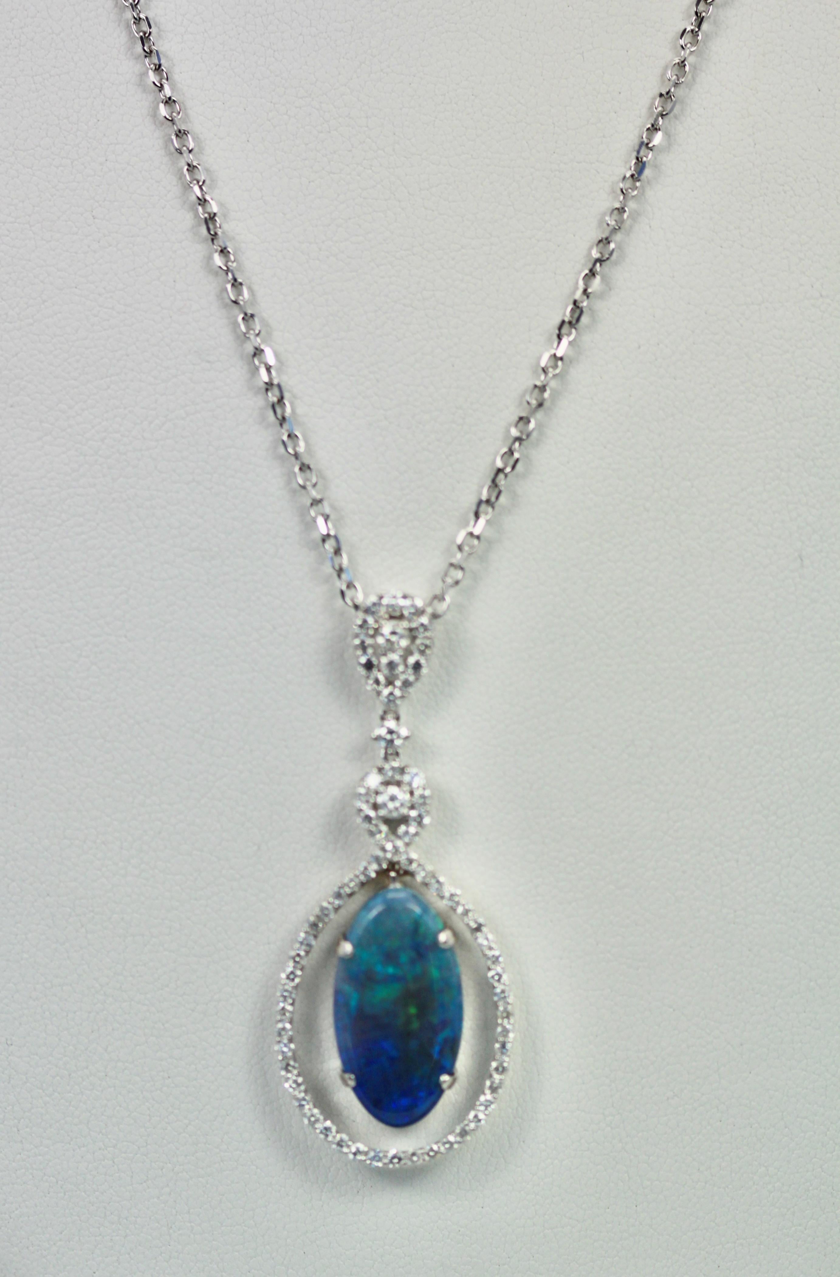 Round Cut Black Crystal Opal 5.23 Carat Pendant with Diamond Surround For Sale