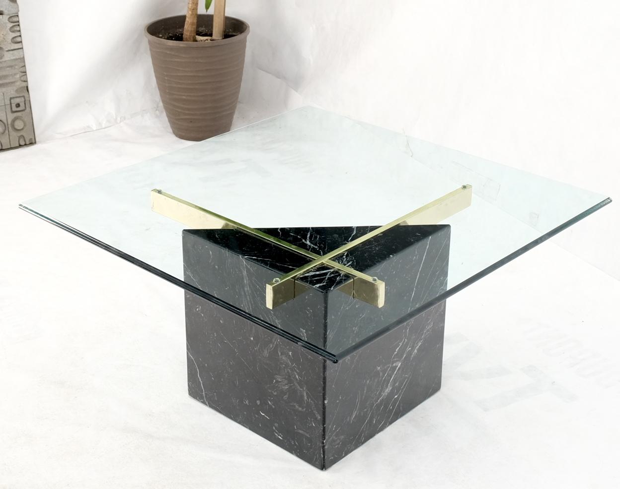 Black Cube Shape Marble Base Brass Stretchers Square Glass Top Coffee Table For Sale 5