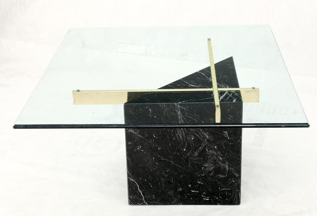 Black Cube Shape Marble Base Brass Stretchers Square Glass Top Coffee Table For Sale 6
