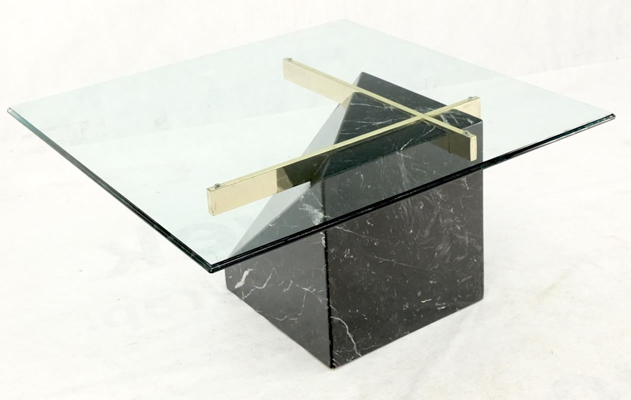 Black Cube Shape Marble Base Brass Stretchers Square Glass Top Coffee Table For Sale 7