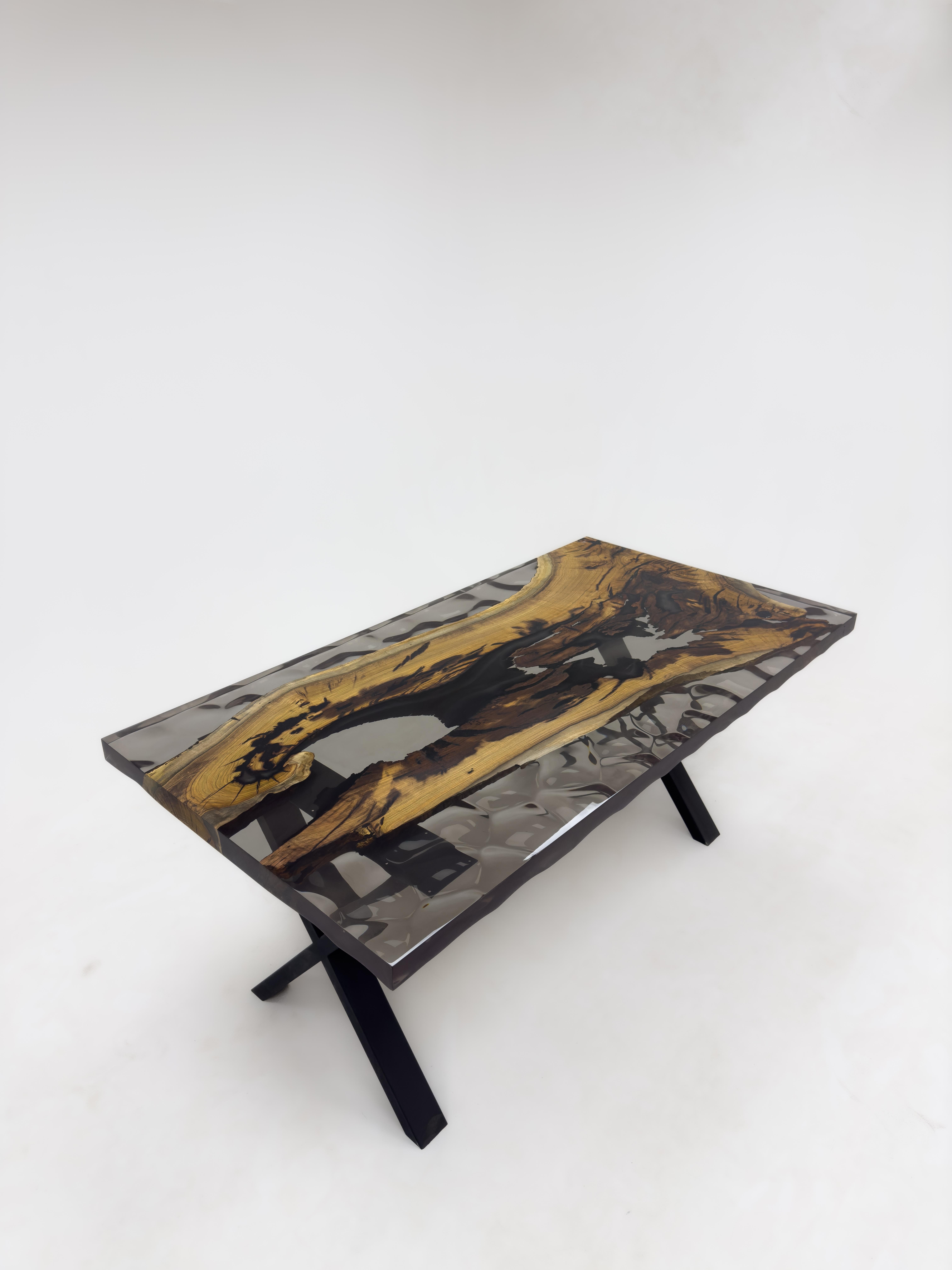 Hand-Carved Black Custom Epoxy Resin Wooden Dining Table  For Sale