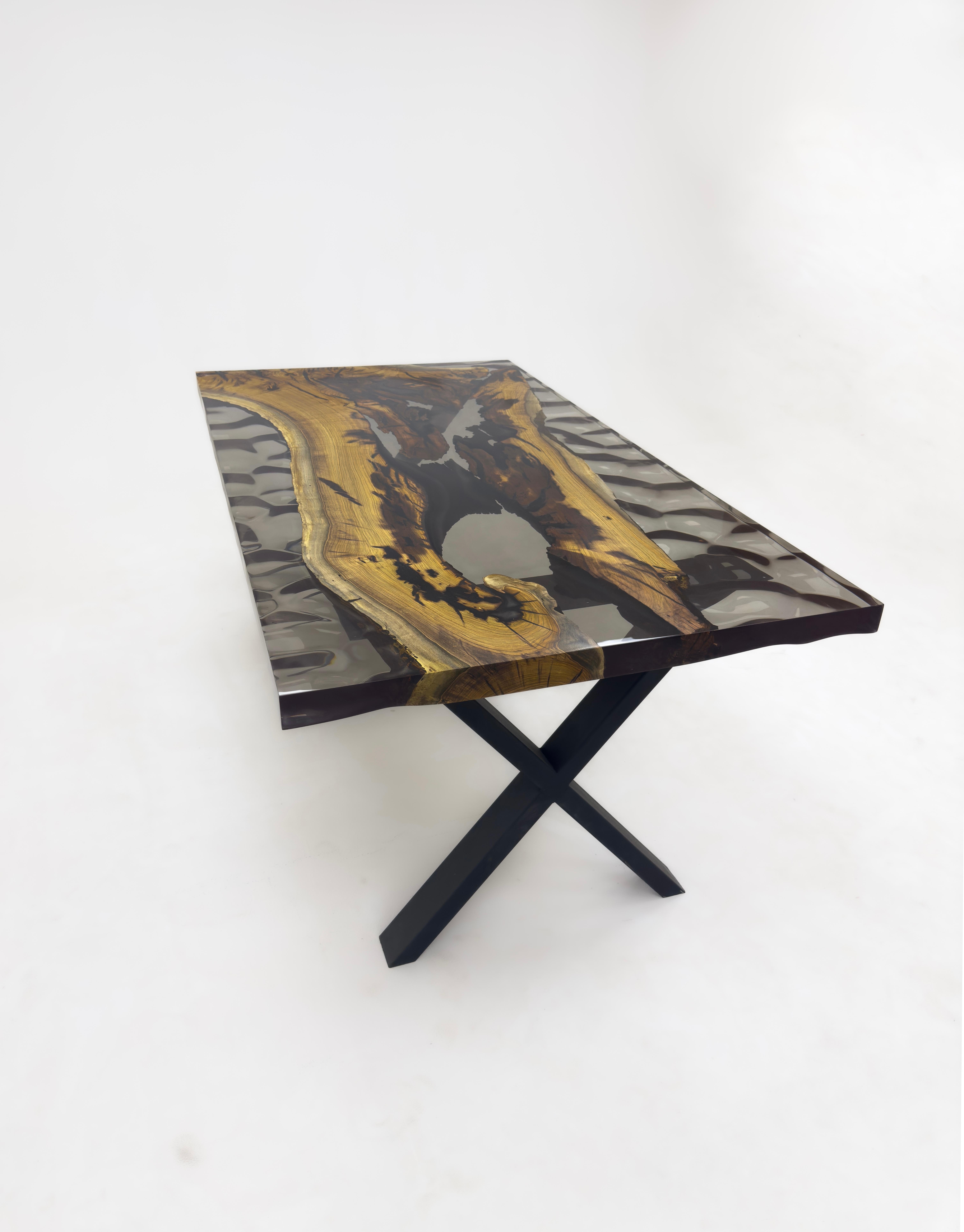 Contemporary Black Custom Epoxy Resin Wooden Dining Table  For Sale