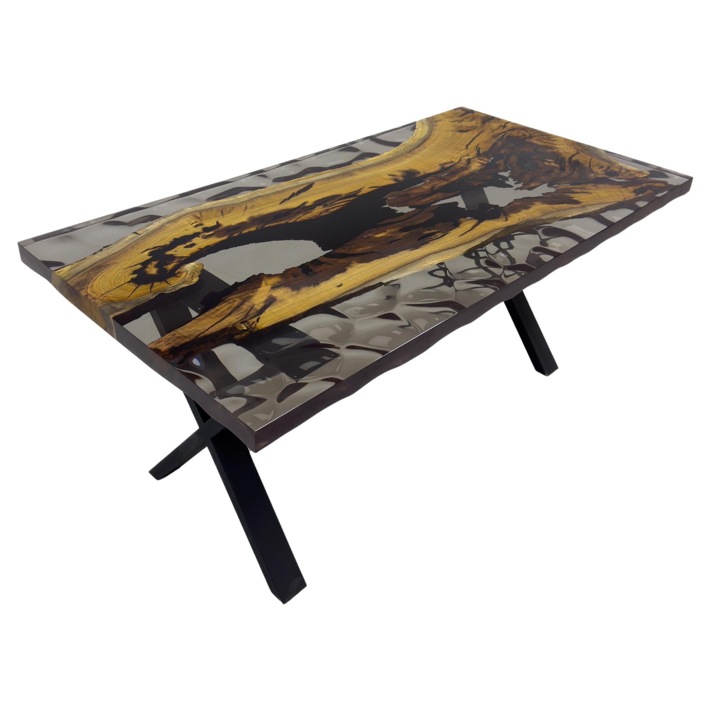 Black Custom Epoxy Resin Wooden Dining Table  For Sale