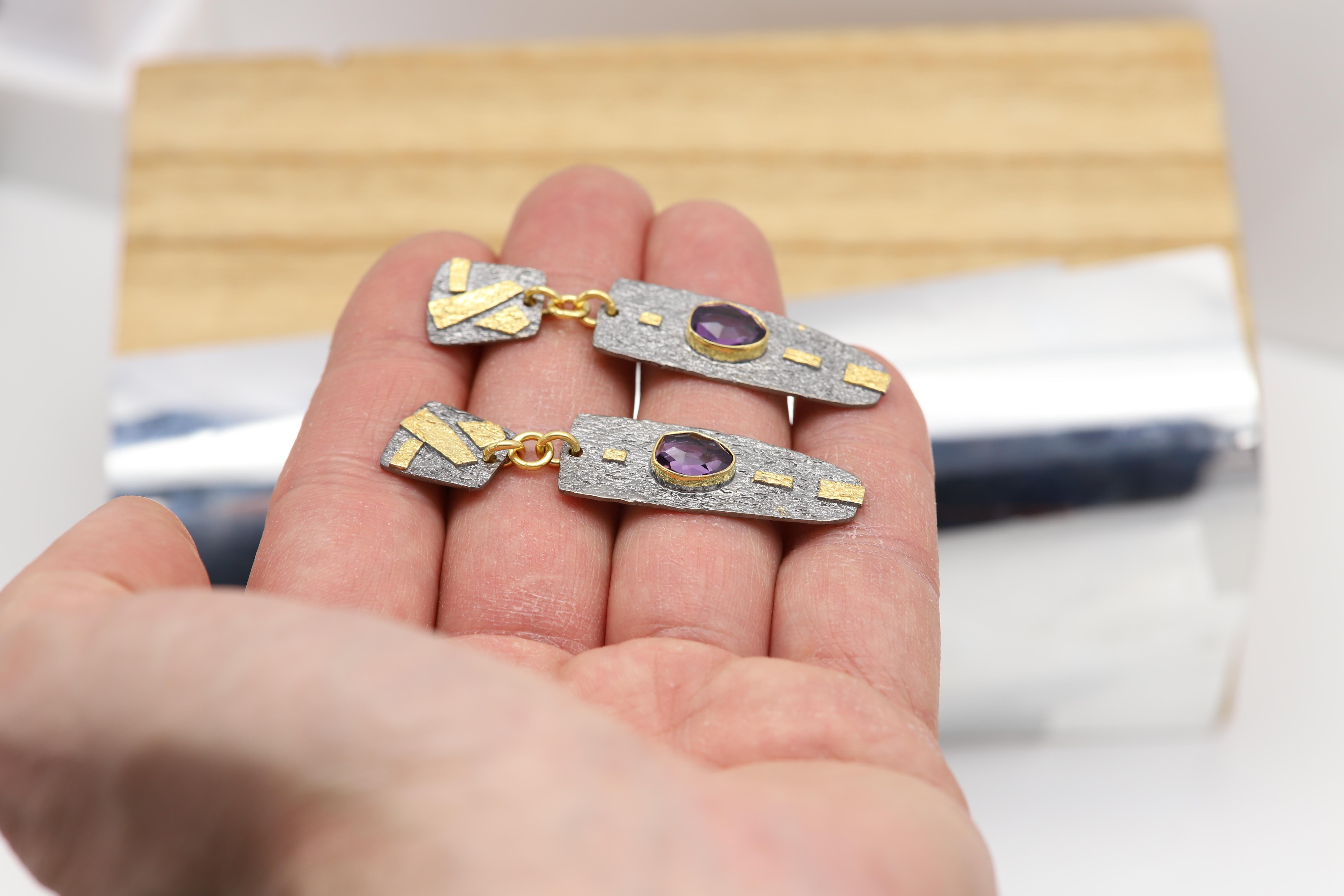 Old European Cut Black Dangle Designer Earrings Sterling Silver and Gold with Natural Amethyst For Sale