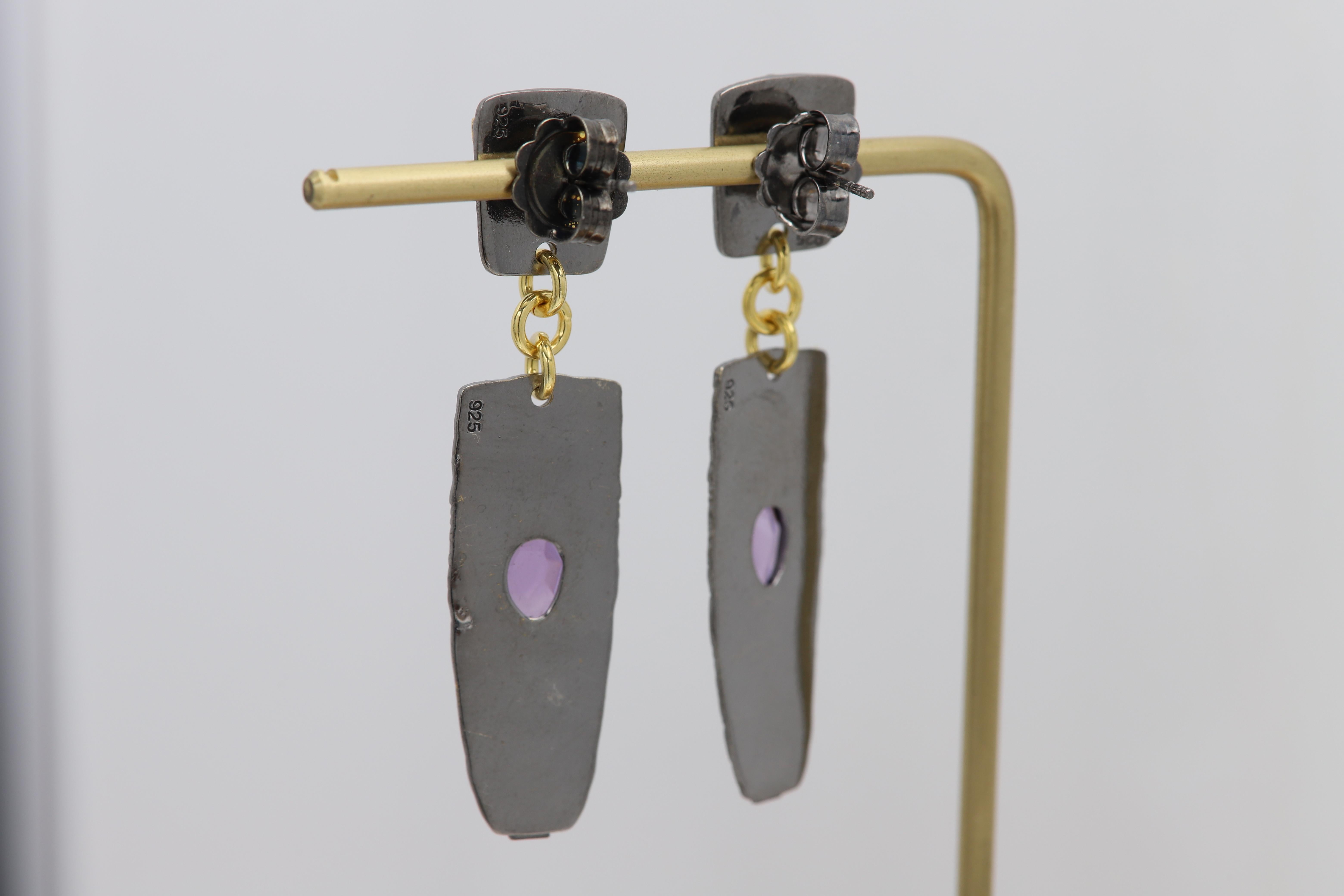 Women's Black Dangle Designer Earrings Sterling Silver and Gold with Natural Amethyst For Sale