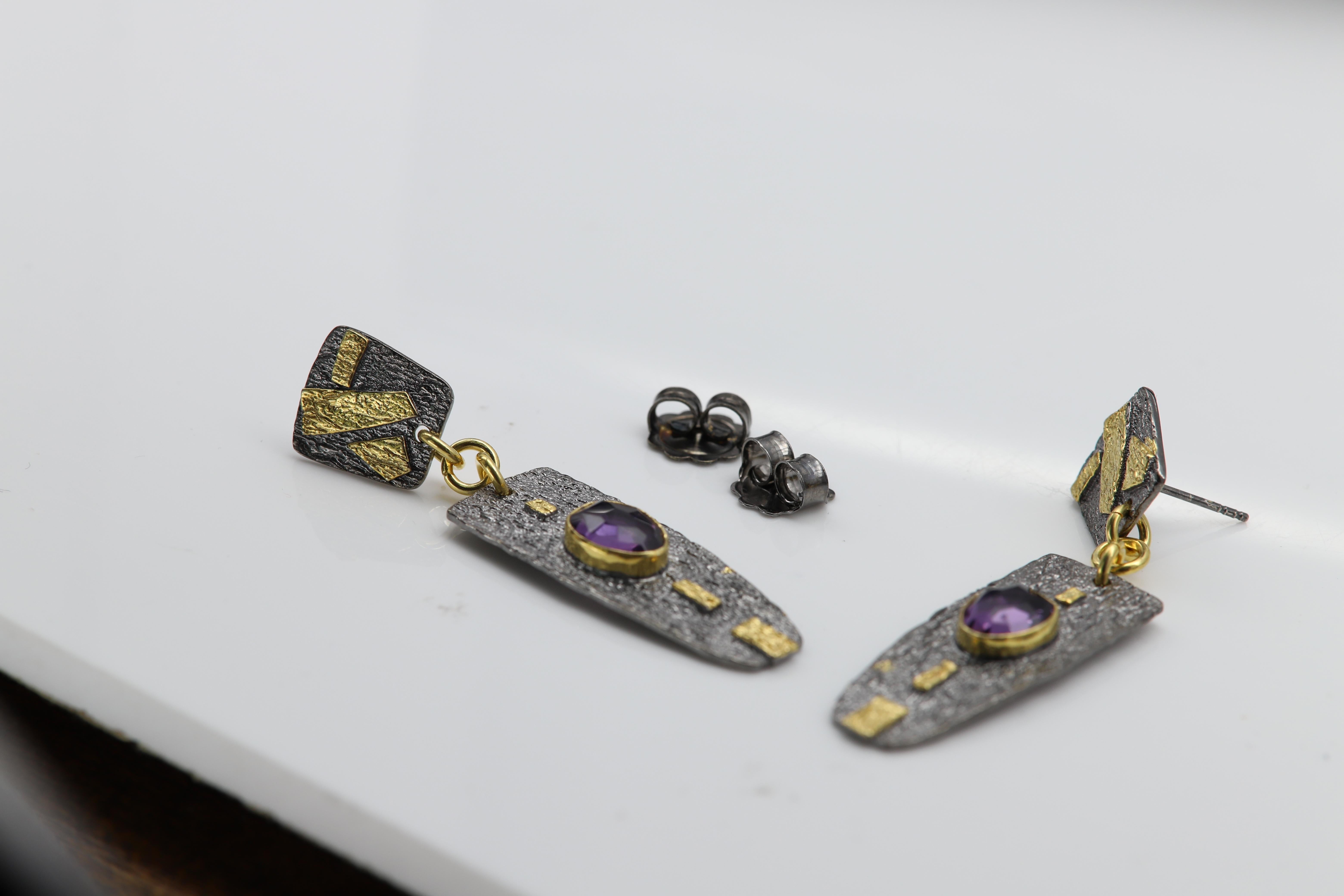 Black Dangle Designer Earrings Sterling Silver and Gold with Natural Amethyst For Sale 1