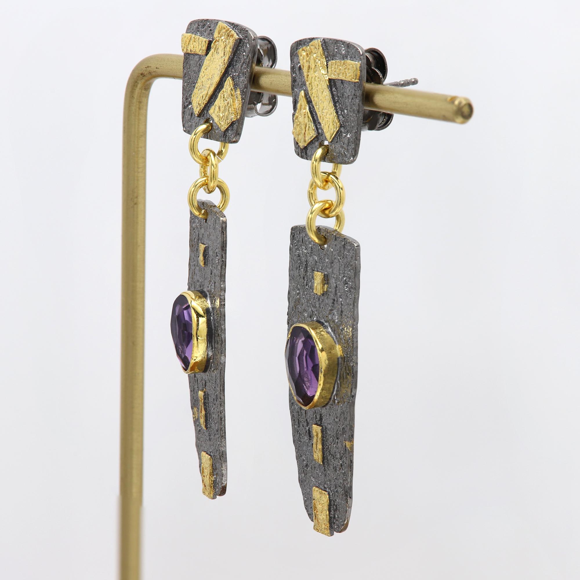 Black Dangle Designer Earrings Sterling Silver and Gold with Natural Amethyst For Sale 2