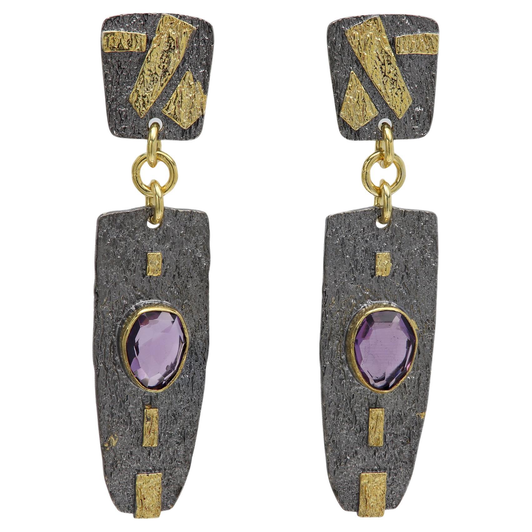 Black Dangle Designer Earrings Sterling Silver and Gold with Natural Amethyst For Sale