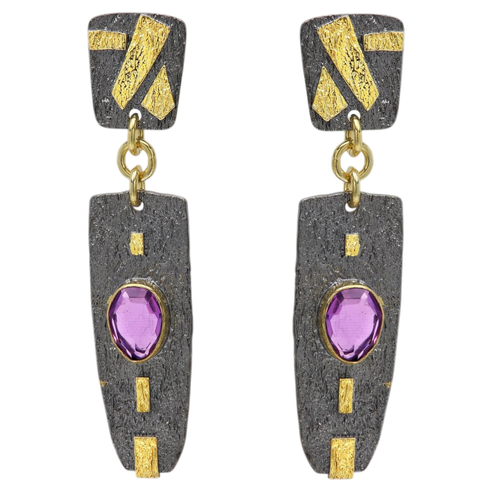 Black Dangle Designer Earrings Sterling Silver and Gold with Natural Amethyst For Sale