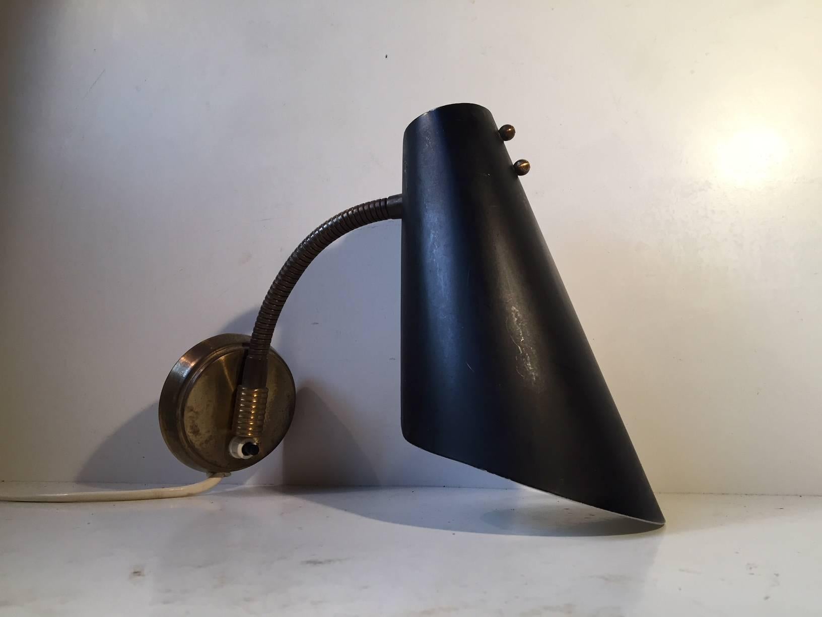 Powder-Coated Black Danish Wall Lamp with Brass Detailing by Fog & Mørup, 1950s