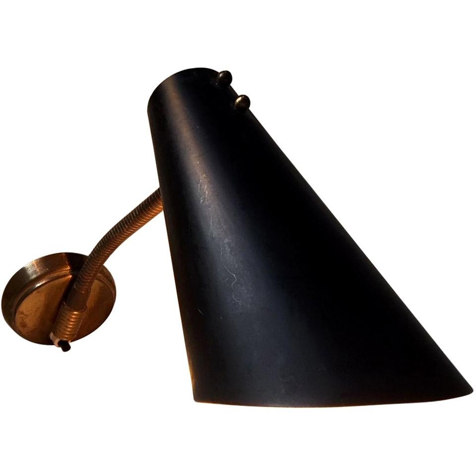 Black Danish Wall Lamp with Brass Detailing by Fog & Mørup, 1950s For Sale