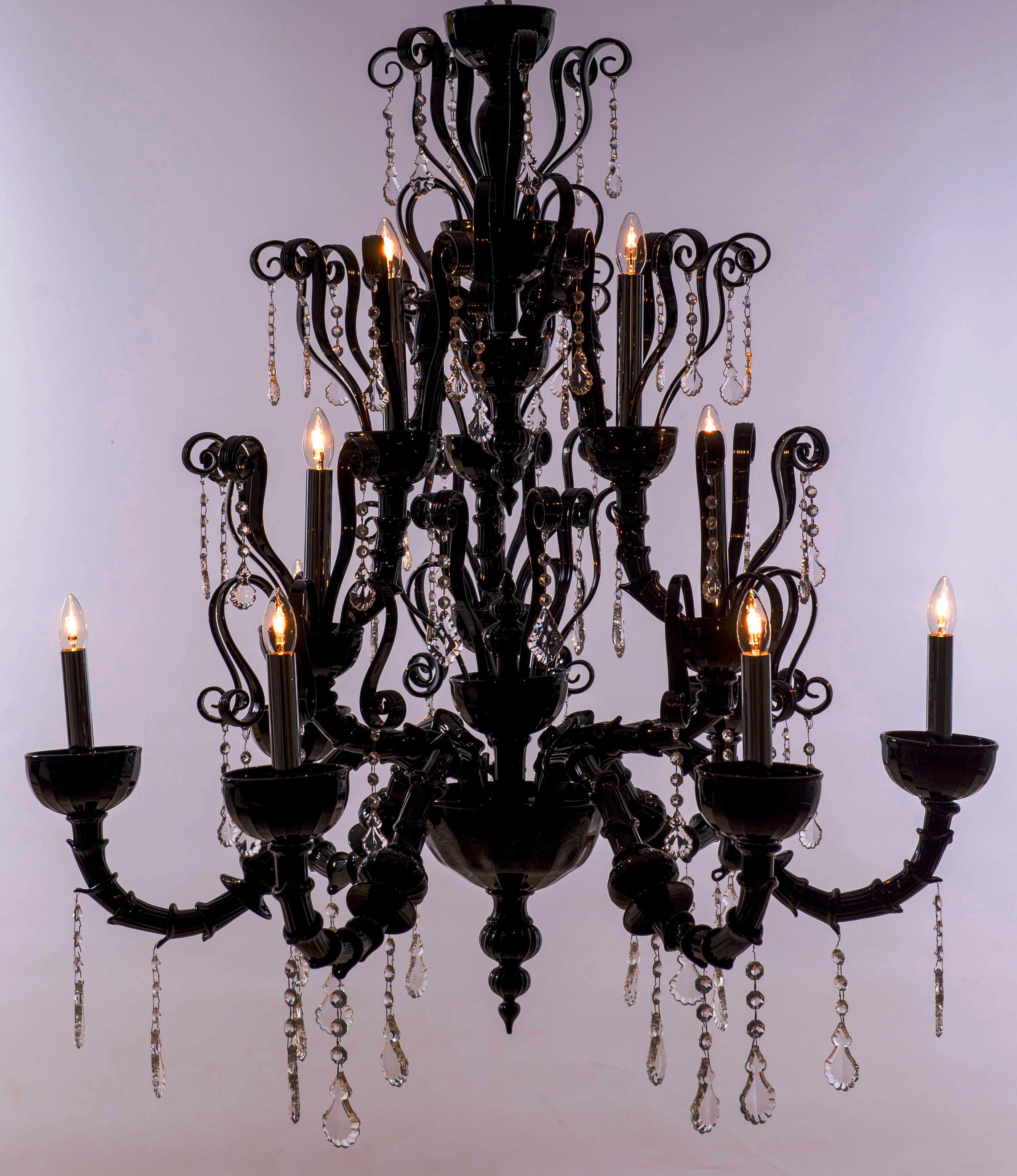 Black Dark Three Pillar Chandelier Handcrafted Murano Glass Contemporary Italy For Sale 11