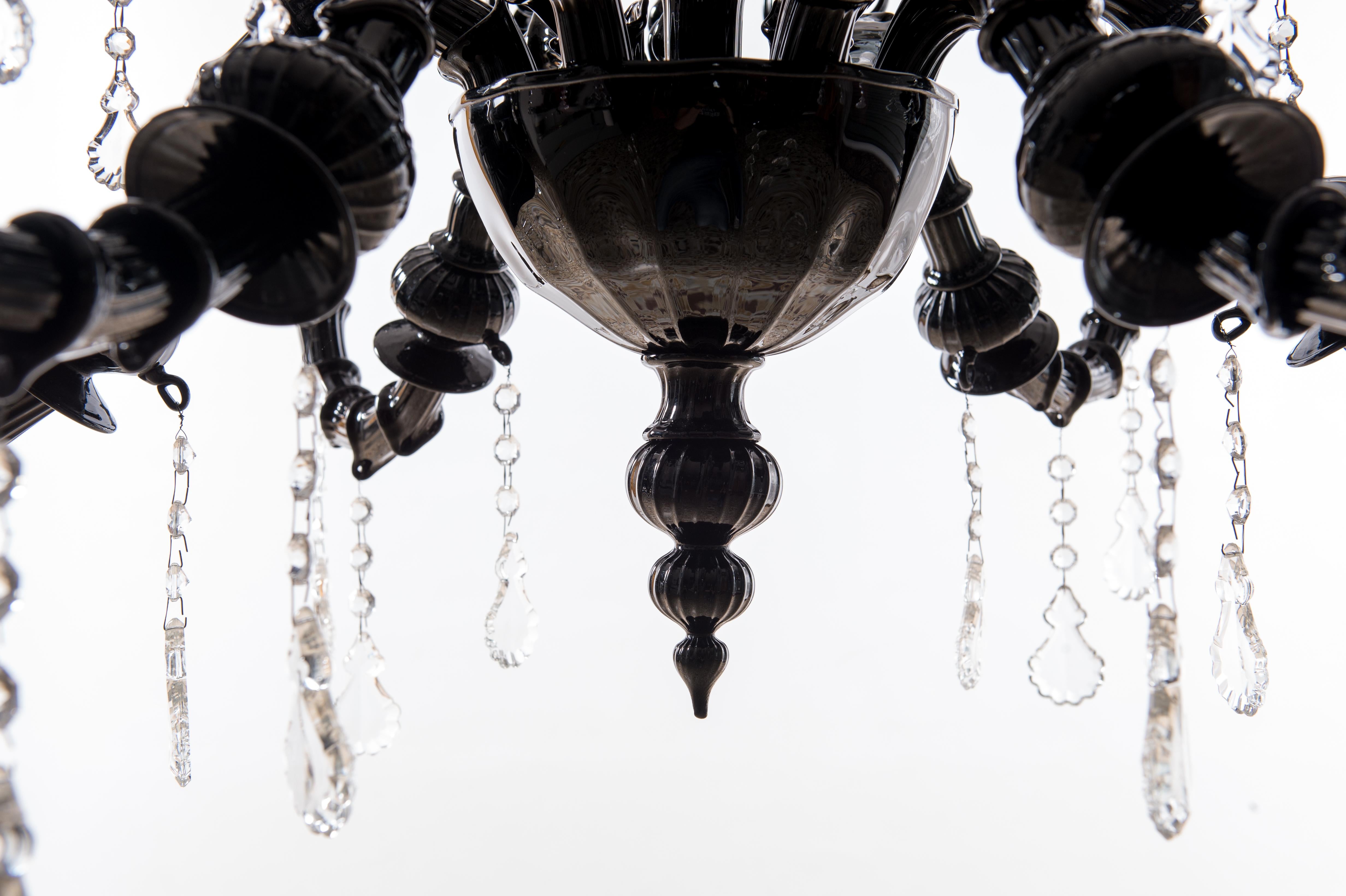 Hand-Crafted Black Dark Three Pillar Chandelier Handcrafted Murano Glass Contemporary Italy For Sale