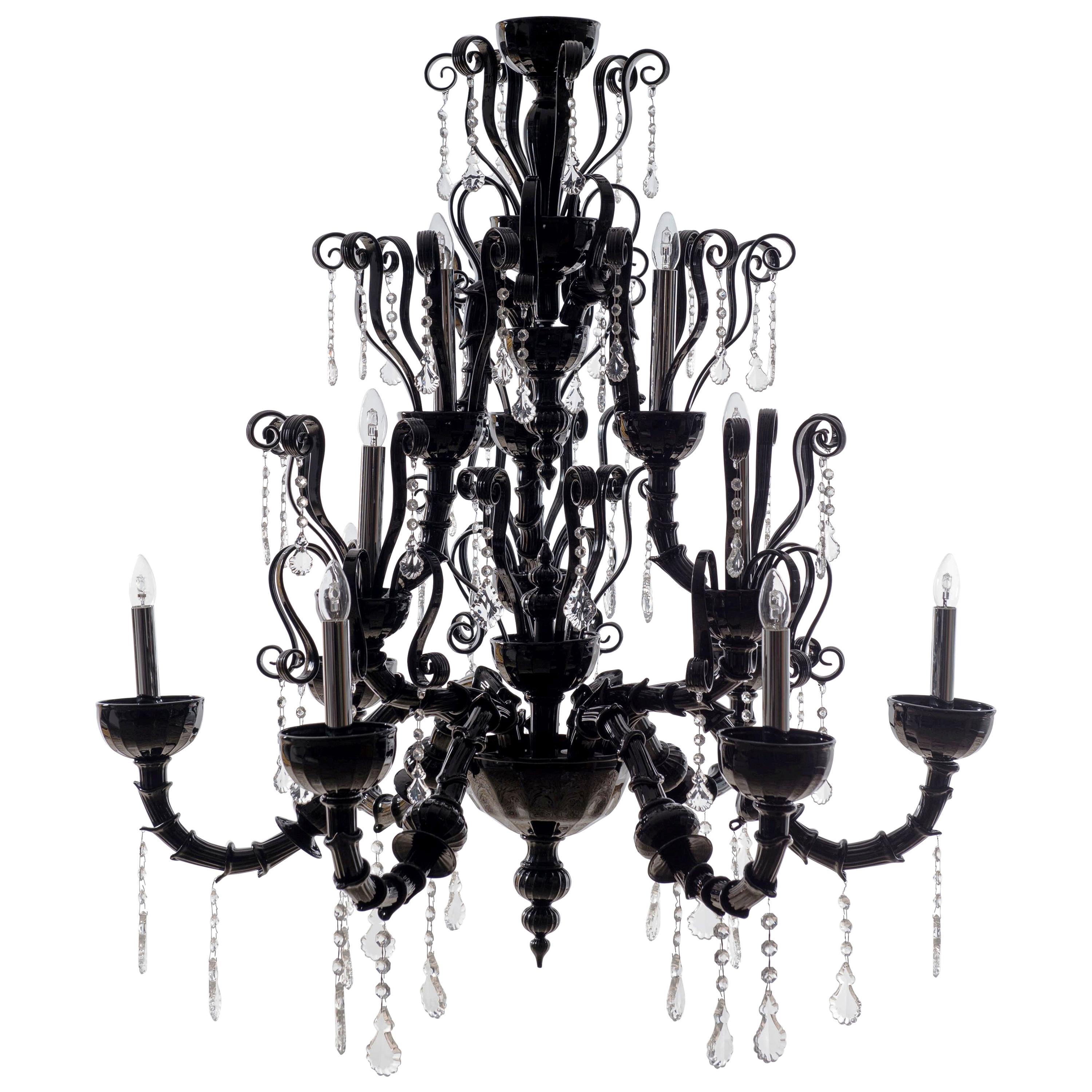 Lustre à trois piliers noir foncé et noir en verre de Murano, fabriqué à la main, Italie, contemporain