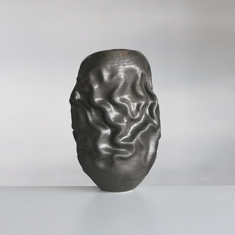 Contemporary Black Dehydrated Form, Unique Ceramic Sculpture Vessel, Objet d'Art For Sale