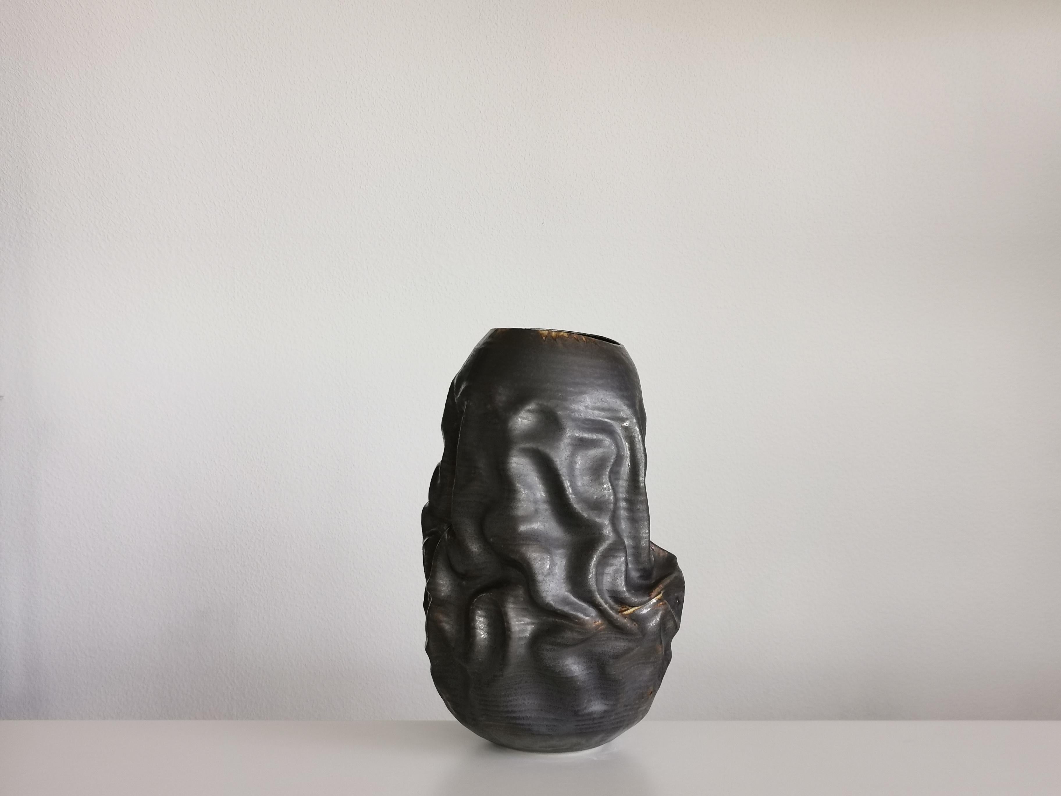 Ceramic Black Dehydrated Form, Vase, Interior Sculpture or Vessel, Objet D'Art For Sale
